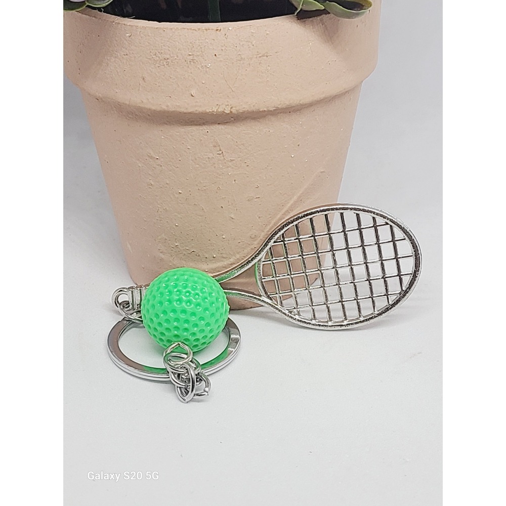 Handmade Tennis Racquet Ball Keychain Charm Silver Green Fun Novelty Gift Women